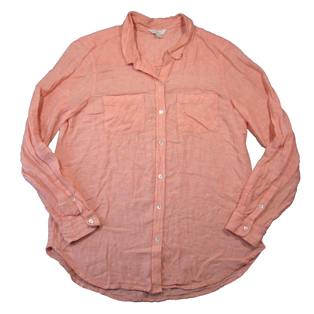 Lucky Brand‎ Linen Shirt Women M Coral Pocket Beach Coastal Vacation Luxury Boho